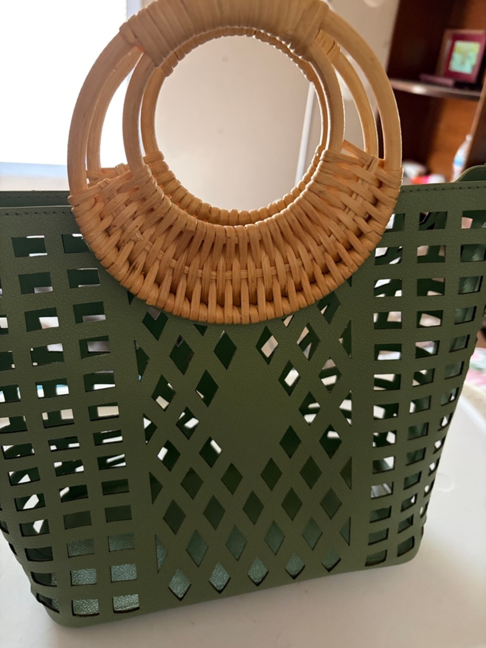Green Woven Tote Bag with Natural Rattan Handles